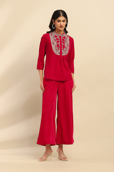 Aarke Ritu Kumar Magenta Roobab Velvet Top With Palazzo Co-Ord Set indian designer wear online shopping melange singapore