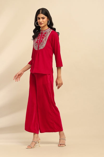 Aarke Ritu Kumar Magenta Roobab Velvet Top With Palazzo Co-Ord Set indian designer wear online shopping melange singapore