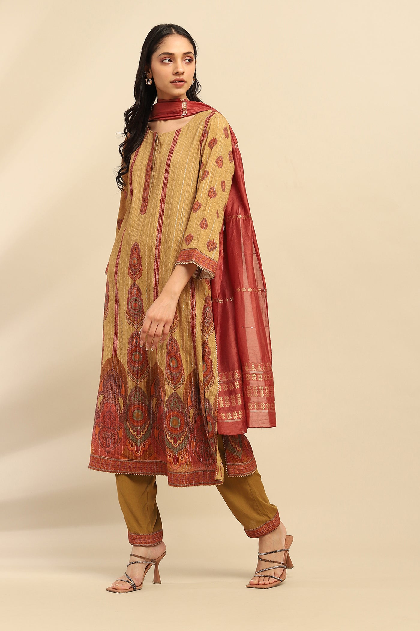 Aarke Ritu Kumar Mustard Shangri–La Kurta With Pant And Dupatta indian designer wear online shopping melange singapore