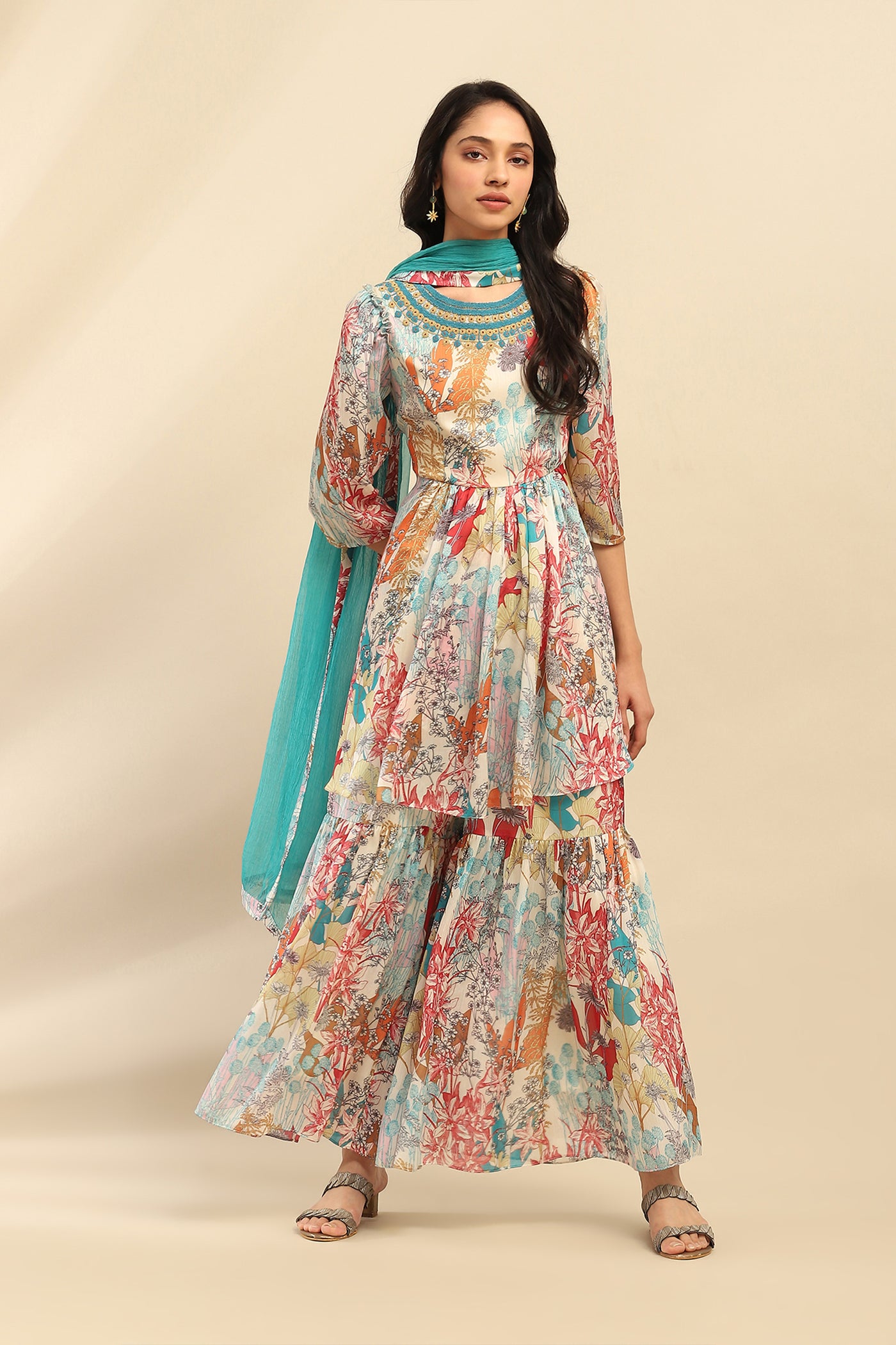 Aarke Ritu Kumar Off White Irises Kurta With Sharara And Dupatta indian designer wear online shopping melange singapore