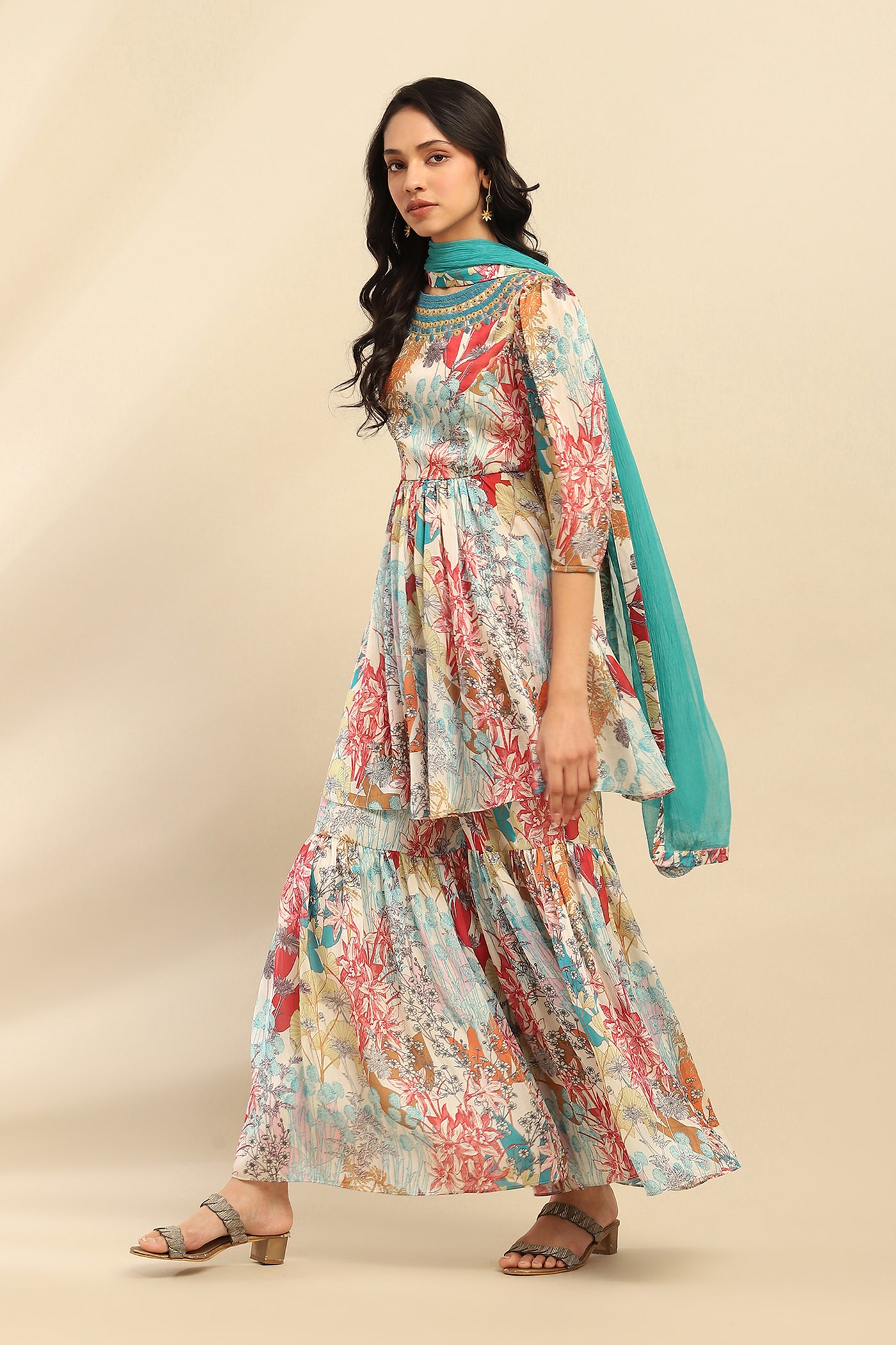 Aarke Ritu Kumar Off White Irises Kurta With Sharara And Dupatta indian designer wear online shopping melange singapore