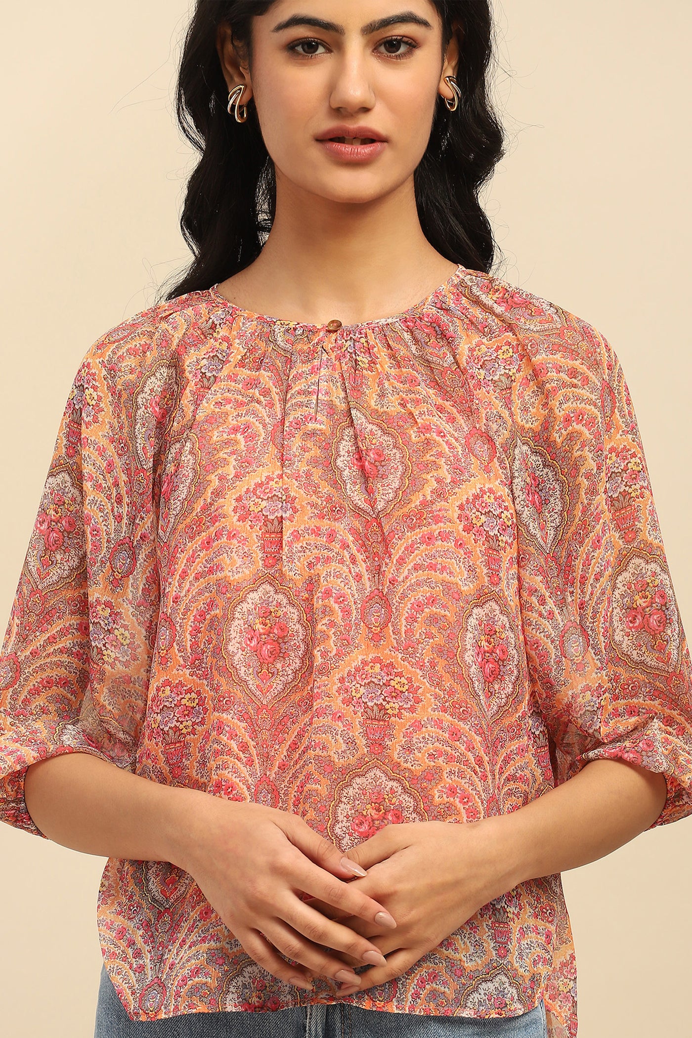 Aarke Ritu Kumar Peach Cassandra Peasant Top With Camisole indian designer wear online shopping melange singapore