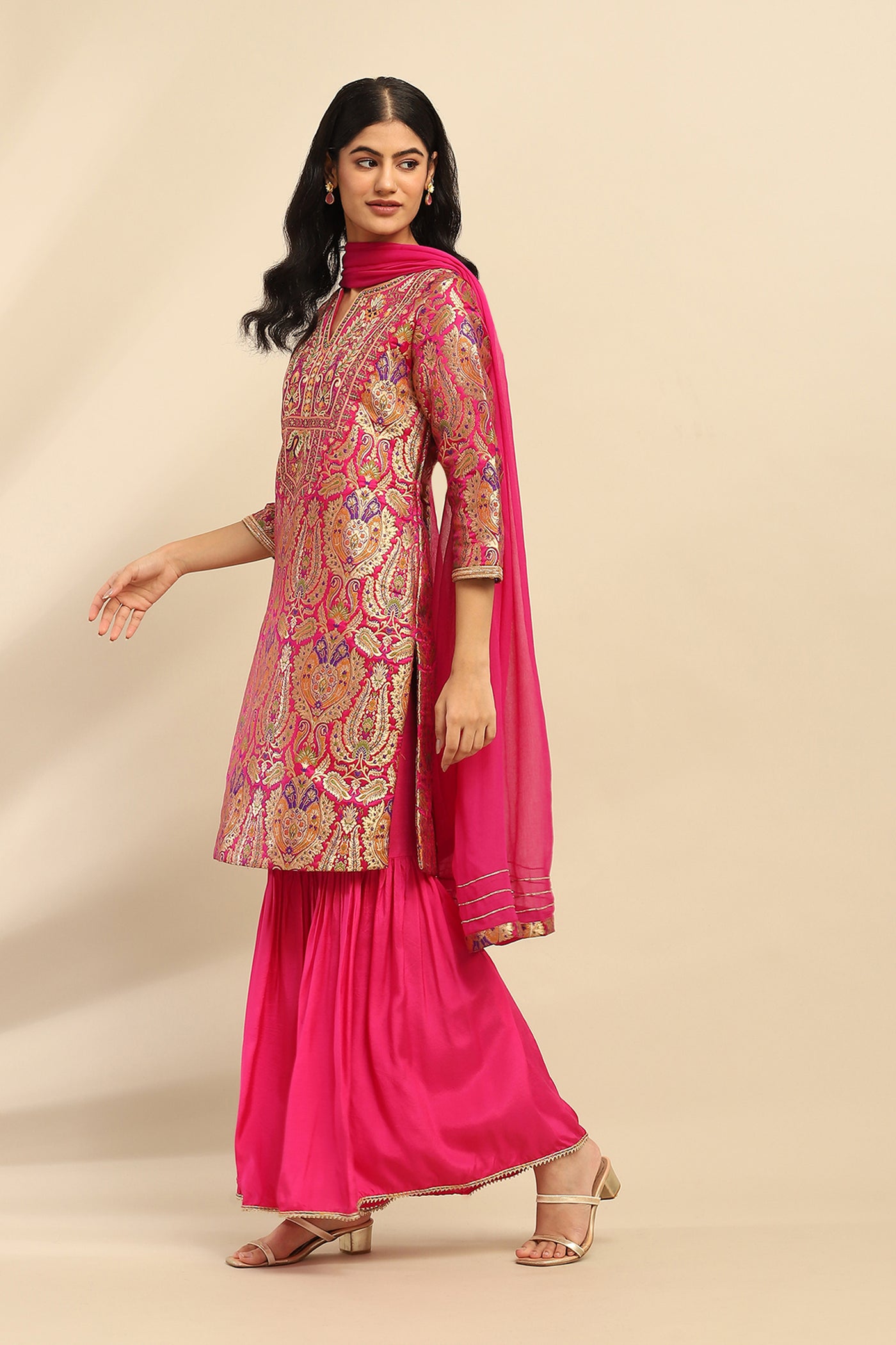 Aarke Ritu Kumar Pink Yasmine Festive Kurta With Palazzo And Dupatta indian designer wear online shopping melange singapore