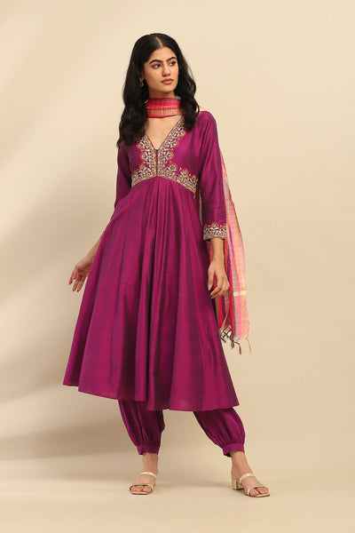 Aarke Ritu Kumar Purple Tanishqa Solid Anarkali Kurta With Pant And Dupatta indian designer wear online shopping melange singapore