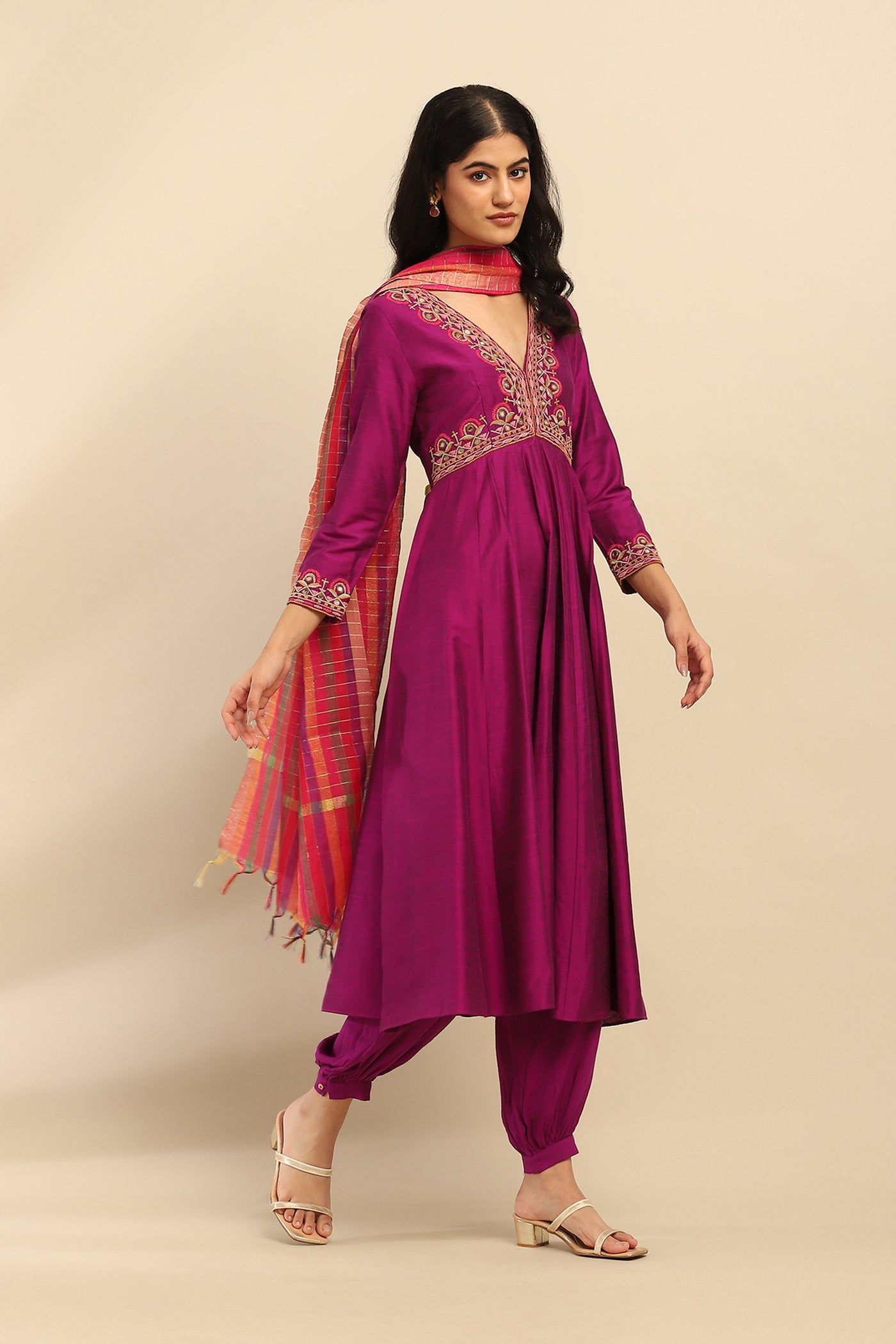 Aarke Ritu Kumar Purple Tanishqa Solid Anarkali Kurta With Pant And Dupatta indian designer wear online shopping melange singapore