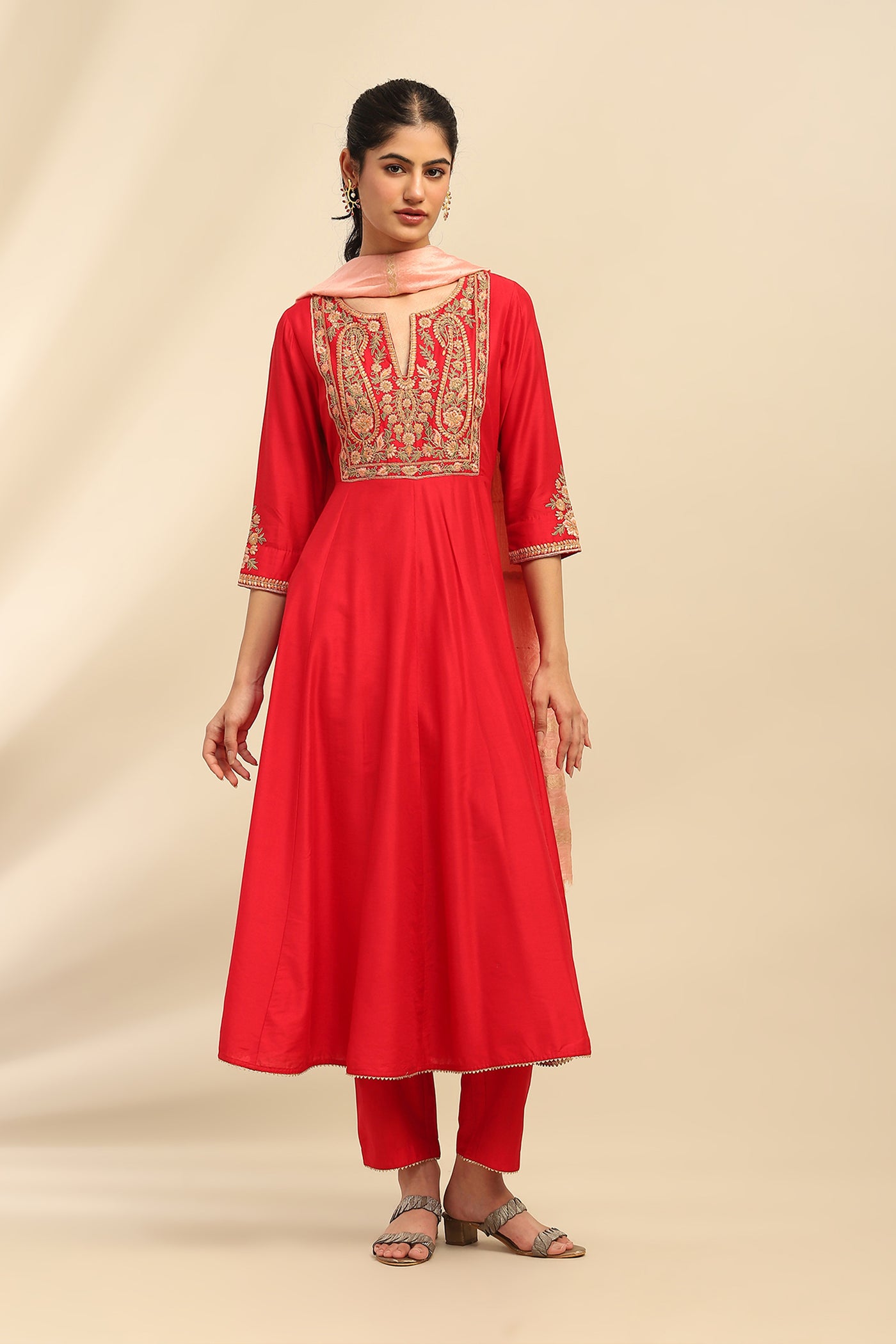 Aarke Ritu Kumar Red Samaira Anarkali Kurta With Churidar And Dupatta indian designer wear online shopping melange singapore
