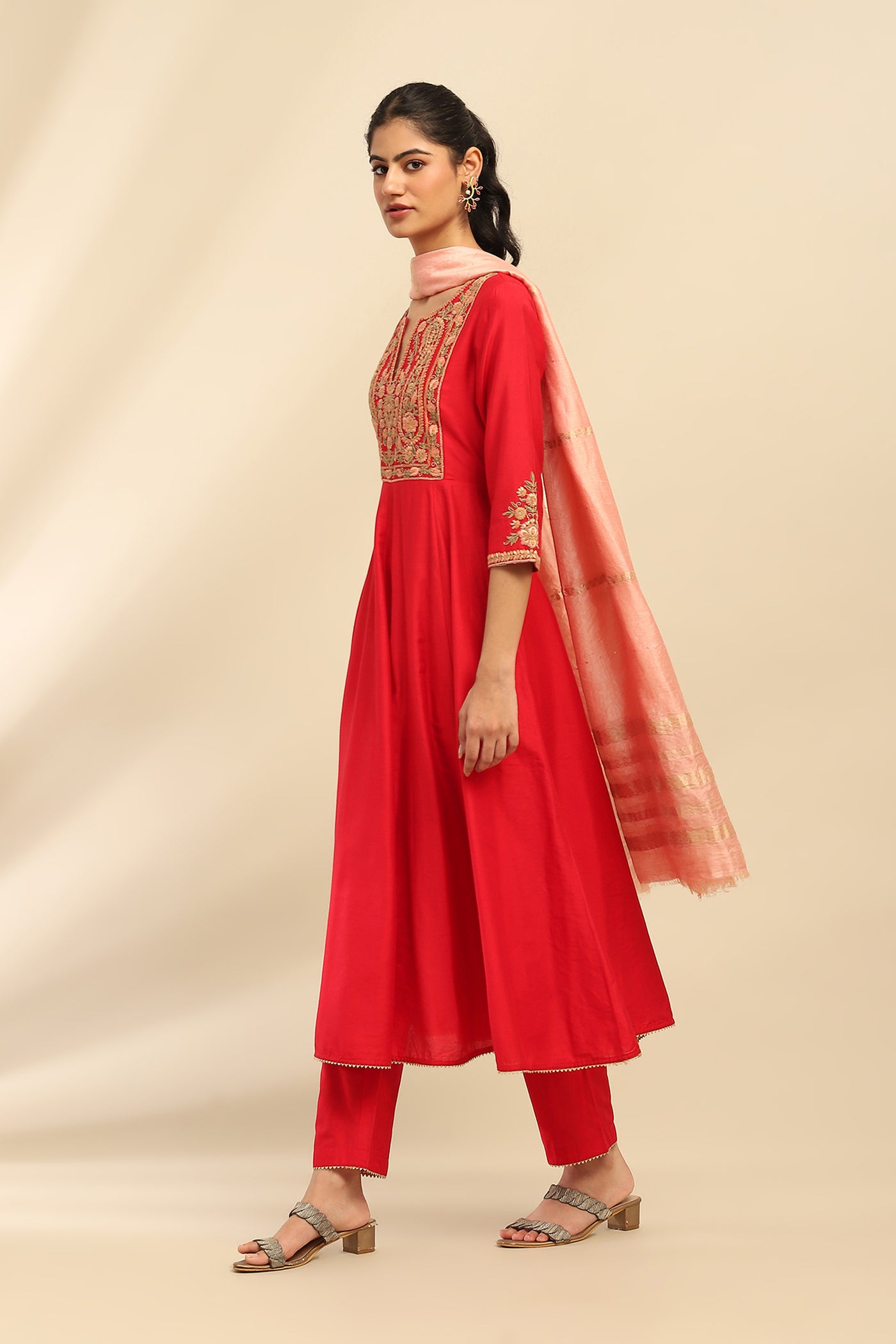 Aarke Ritu Kumar Red Samaira Anarkali Kurta With Churidar And Dupatta indian designer wear online shopping melange singapore
