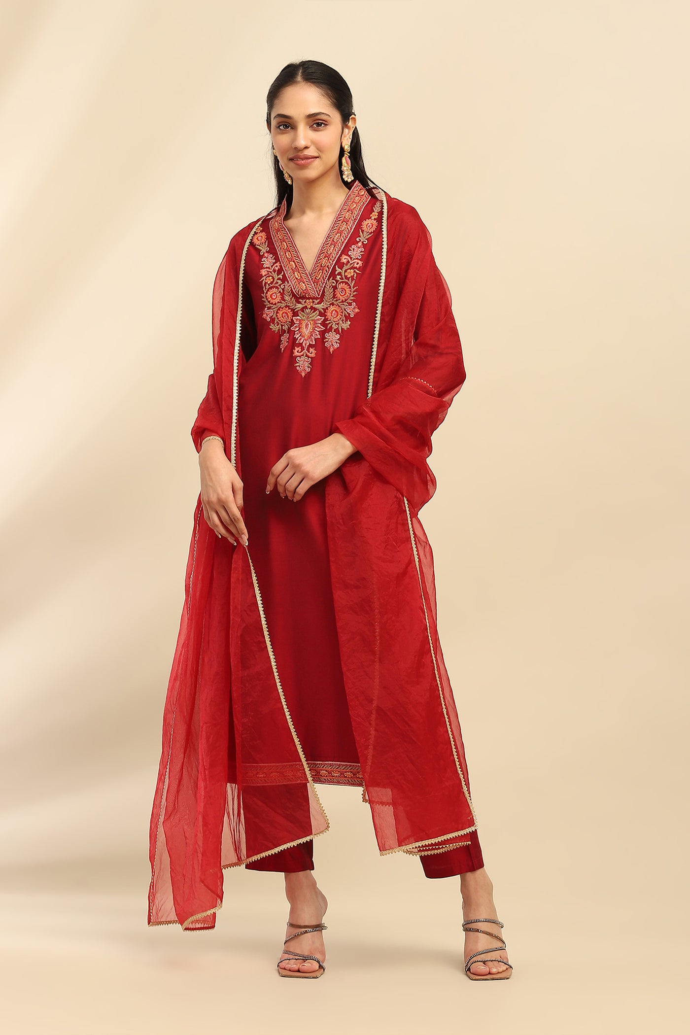 Aarke Ritu Kumar Red Scarlette Kurta With Pant And Dupatta indian designer wear online shopping melange singapore
