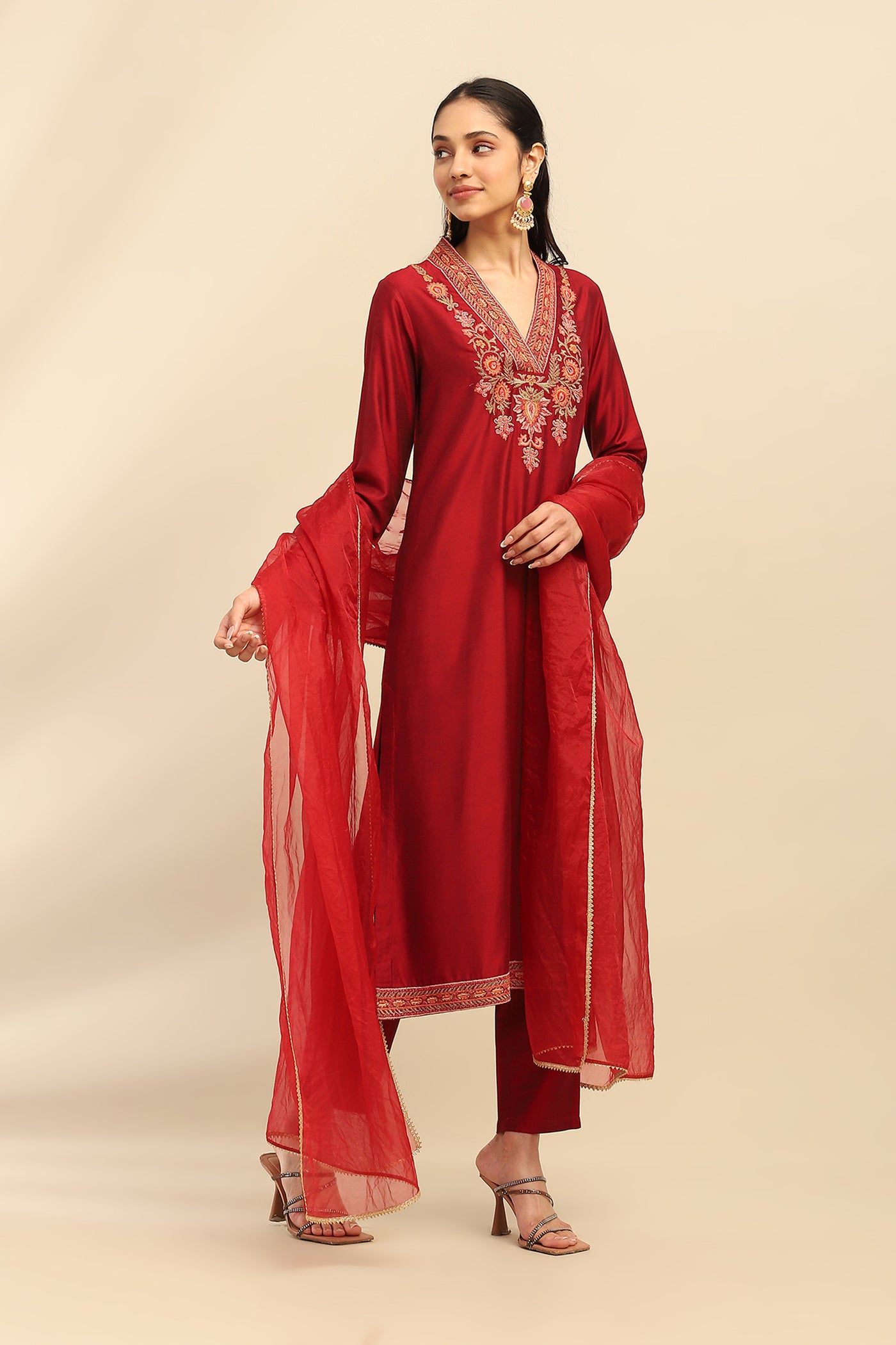 Aarke Ritu Kumar Red Scarlette Kurta With Pant And Dupatta indian designer wear online shopping melange singapore
