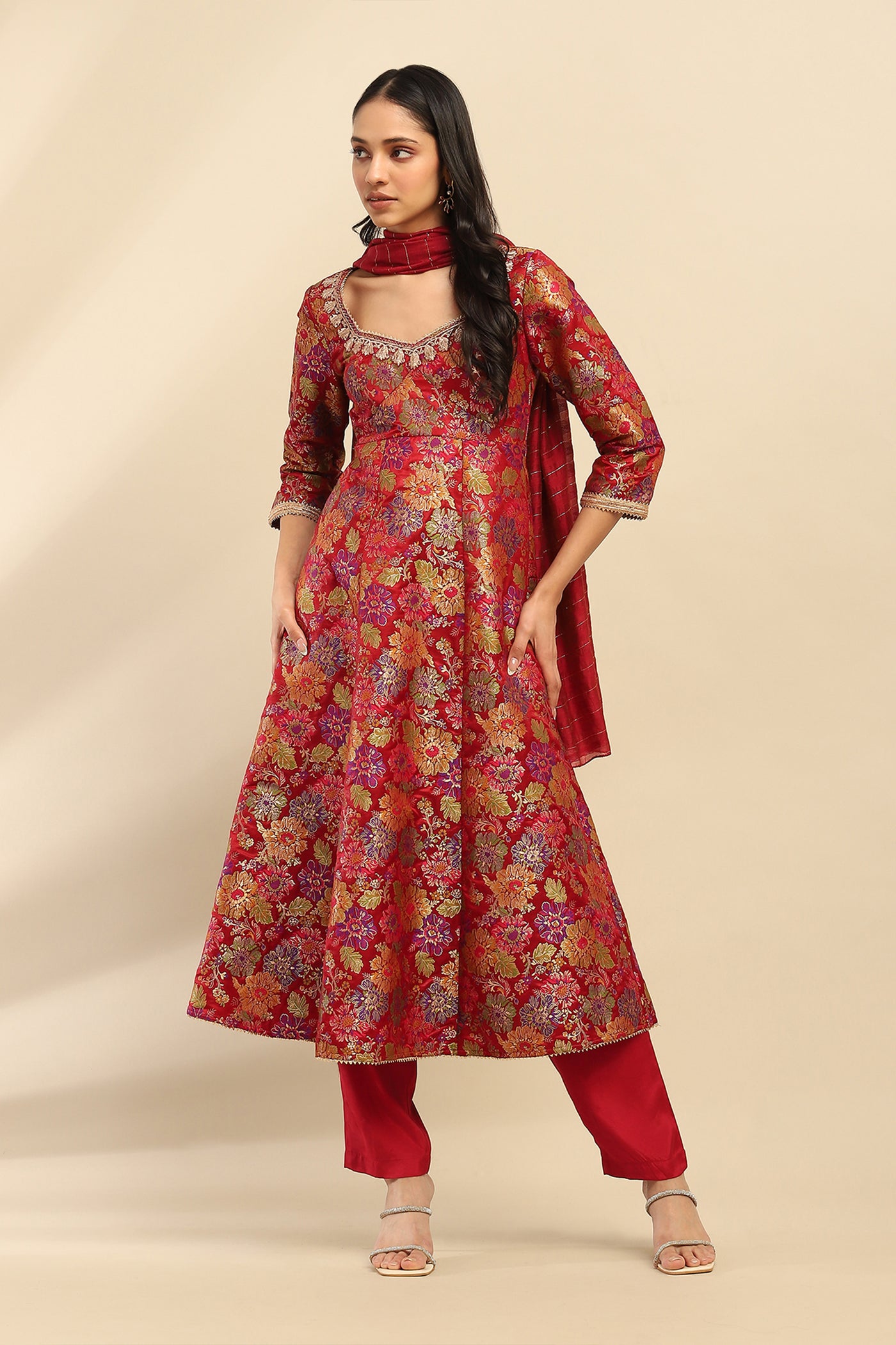 Aarke Ritu Kumar Red Yasmine Festive Kurta With Pant And Dupatta indian designer wear online shopping melange singapore