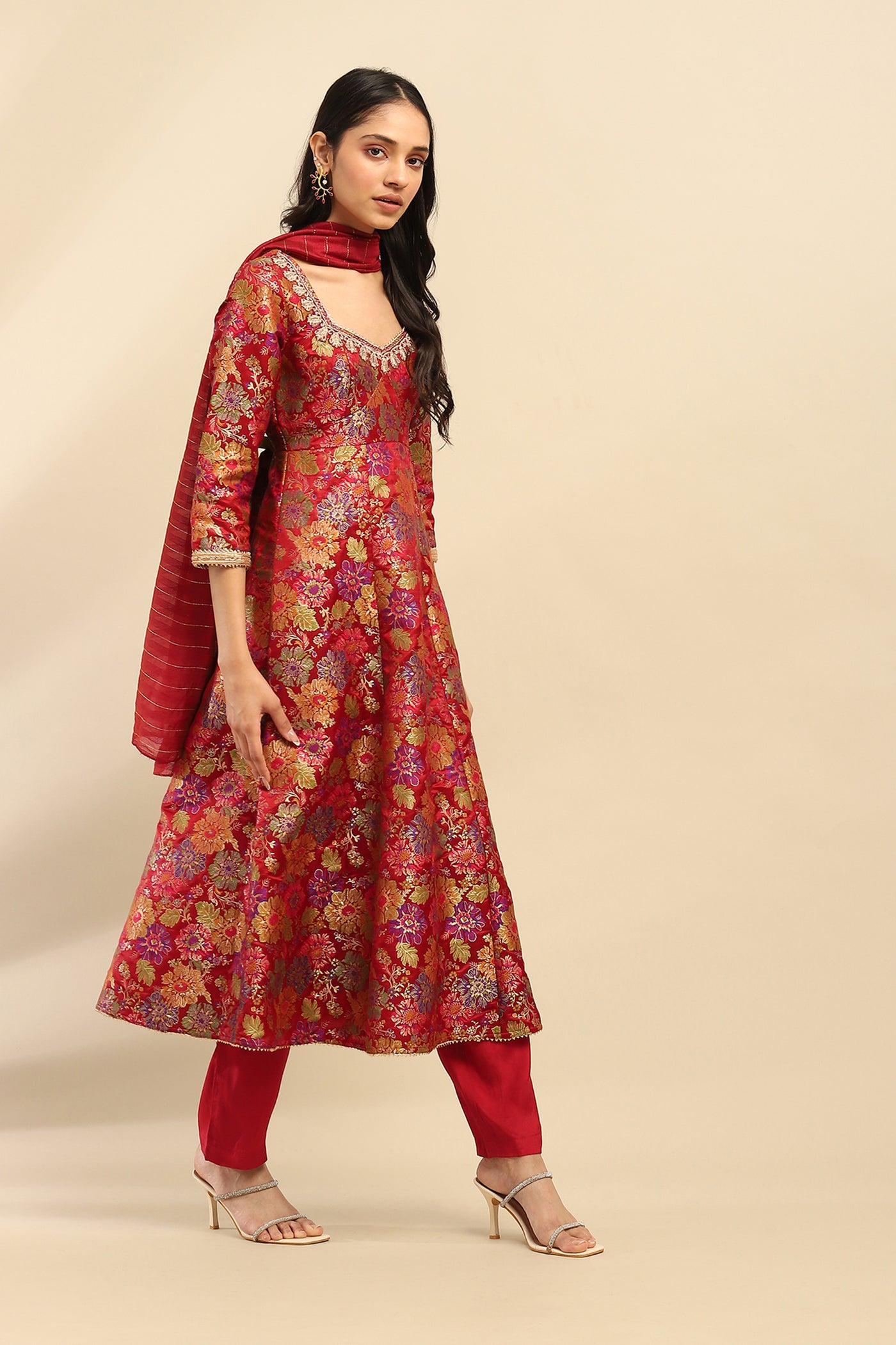 Aarke Ritu Kumar Red Yasmine Festive Kurta With Pant And Dupatta indian designer wear online shopping melange singapore