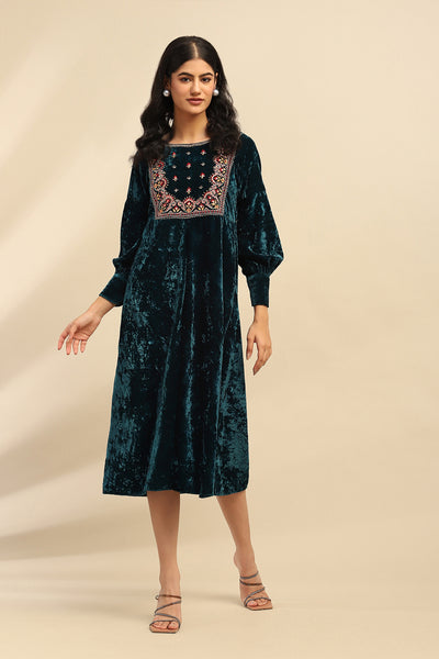 Aarke Ritu Kumar Teal Inara Velvet Midi Dress indian designer wear online shopping melange singapore