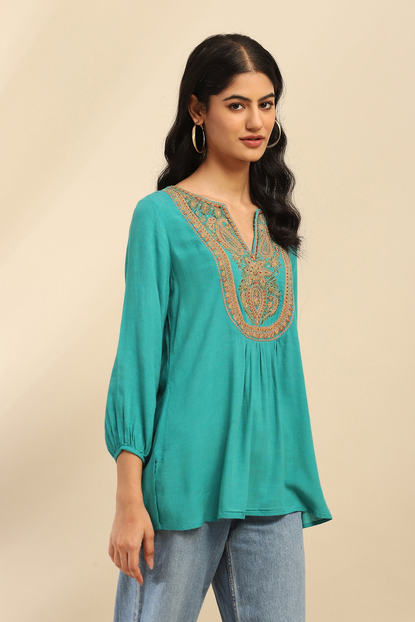 Aarke Ritu Kumar Turquoise Blossoms Kurti indian designer wear online shopping melange singapore