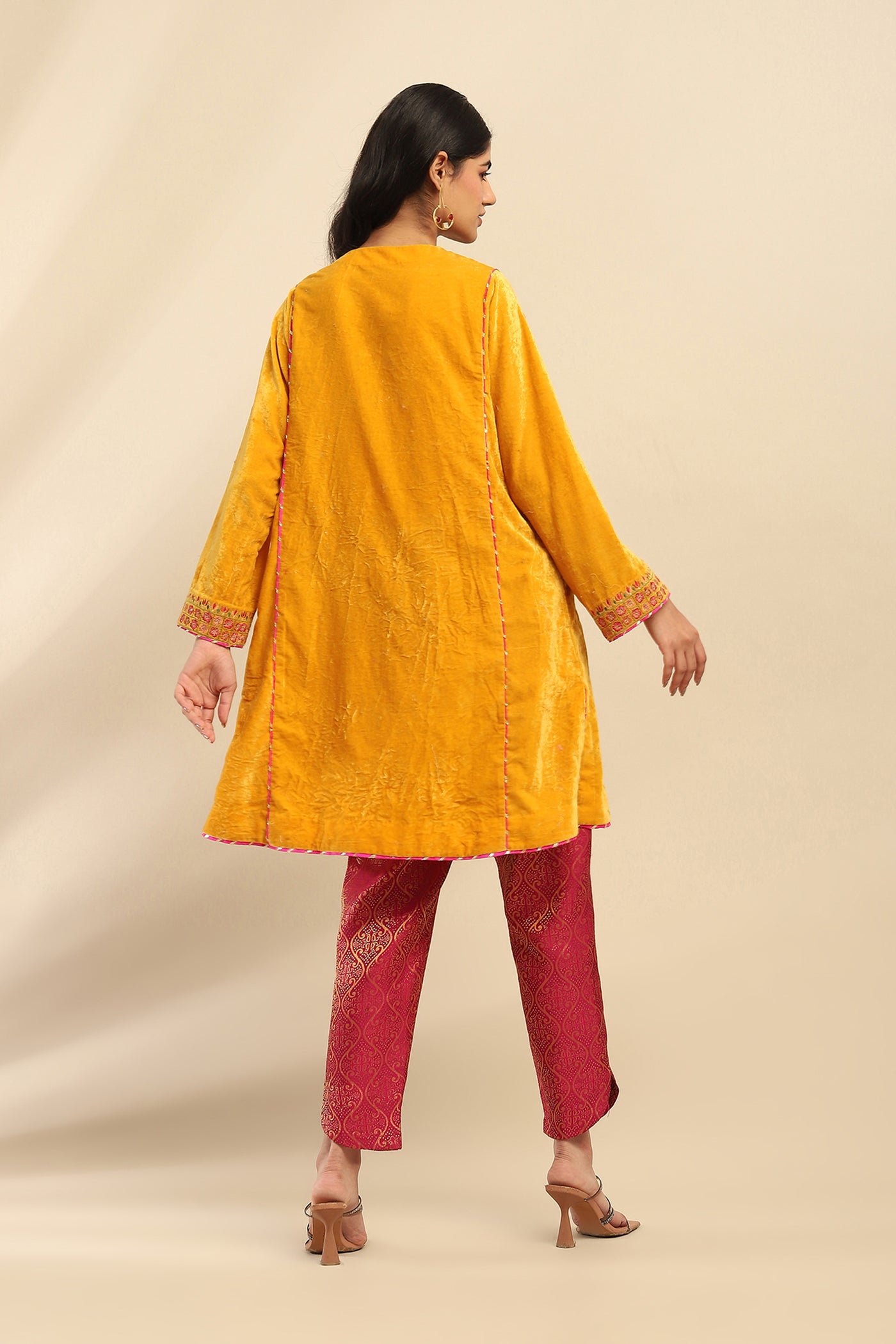 Aarke Ritu Kumar Yellow Rania Velvet Kurta With Pant And Dupatta indian designer wear online shopping melange singapore