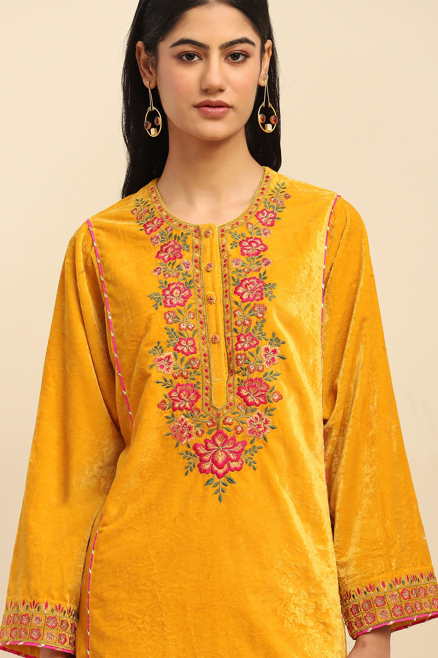 Aarke Ritu Kumar Yellow Rania Velvet Kurta With Pant And Dupatta indian designer wear online shopping melange singapore