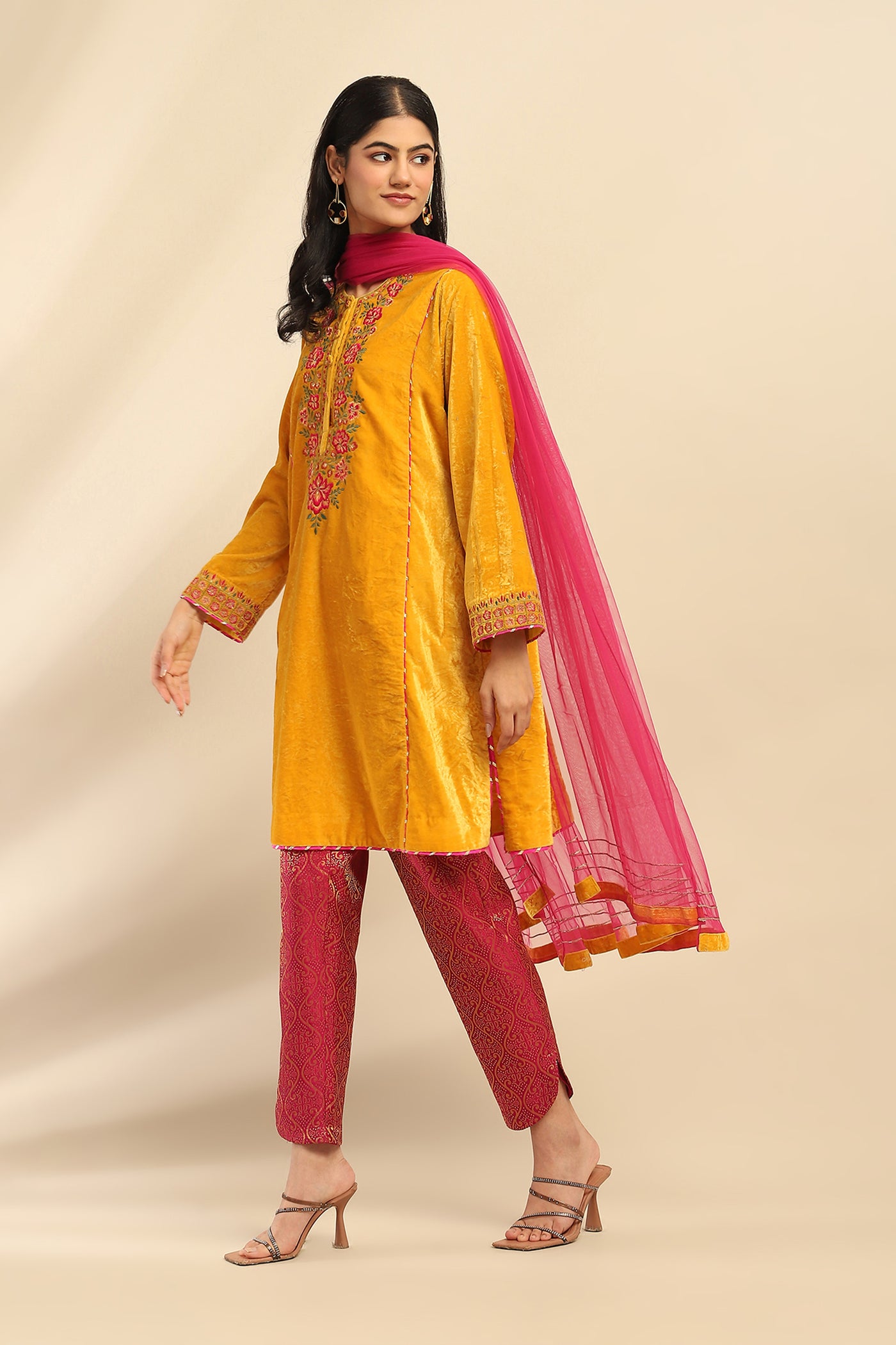 Aarke Ritu Kumar Yellow Rania Velvet Kurta With Pant And Dupatta indian designer wear online shopping melange singapore