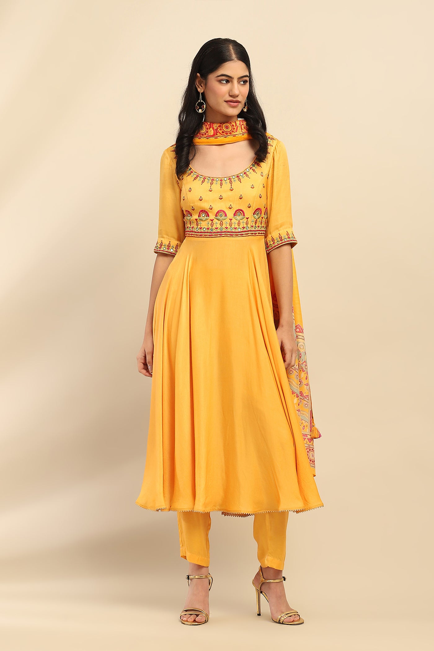 Aarke Ritu Kumar Yellow Tanishqa Solid Anarkali Kurta With Pant And Dupatta indian designer wear online shopping melange singapore