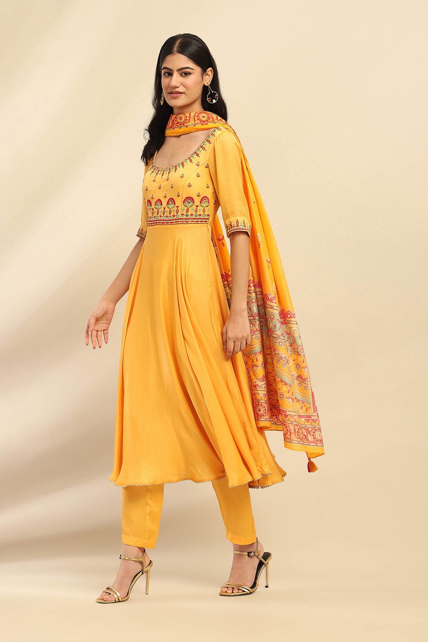 Aarke Ritu Kumar Yellow Tanishqa Solid Anarkali Kurta With Pant And Dupatta indian designer wear online shopping melange singapore