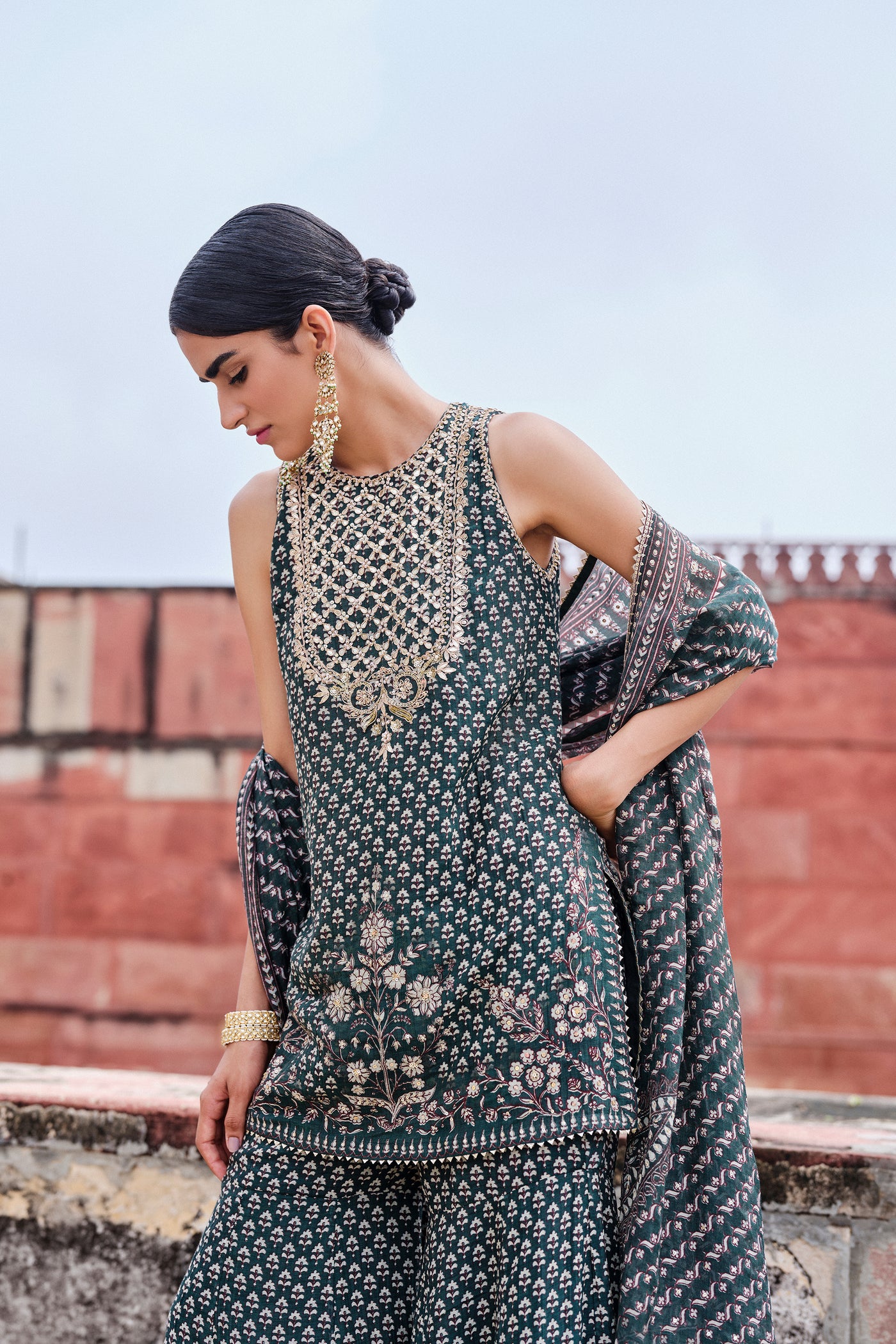 Anita Dongre Abjini Gota Patti Mul Gharara Set Green indian designer wear online shopping melange singapore