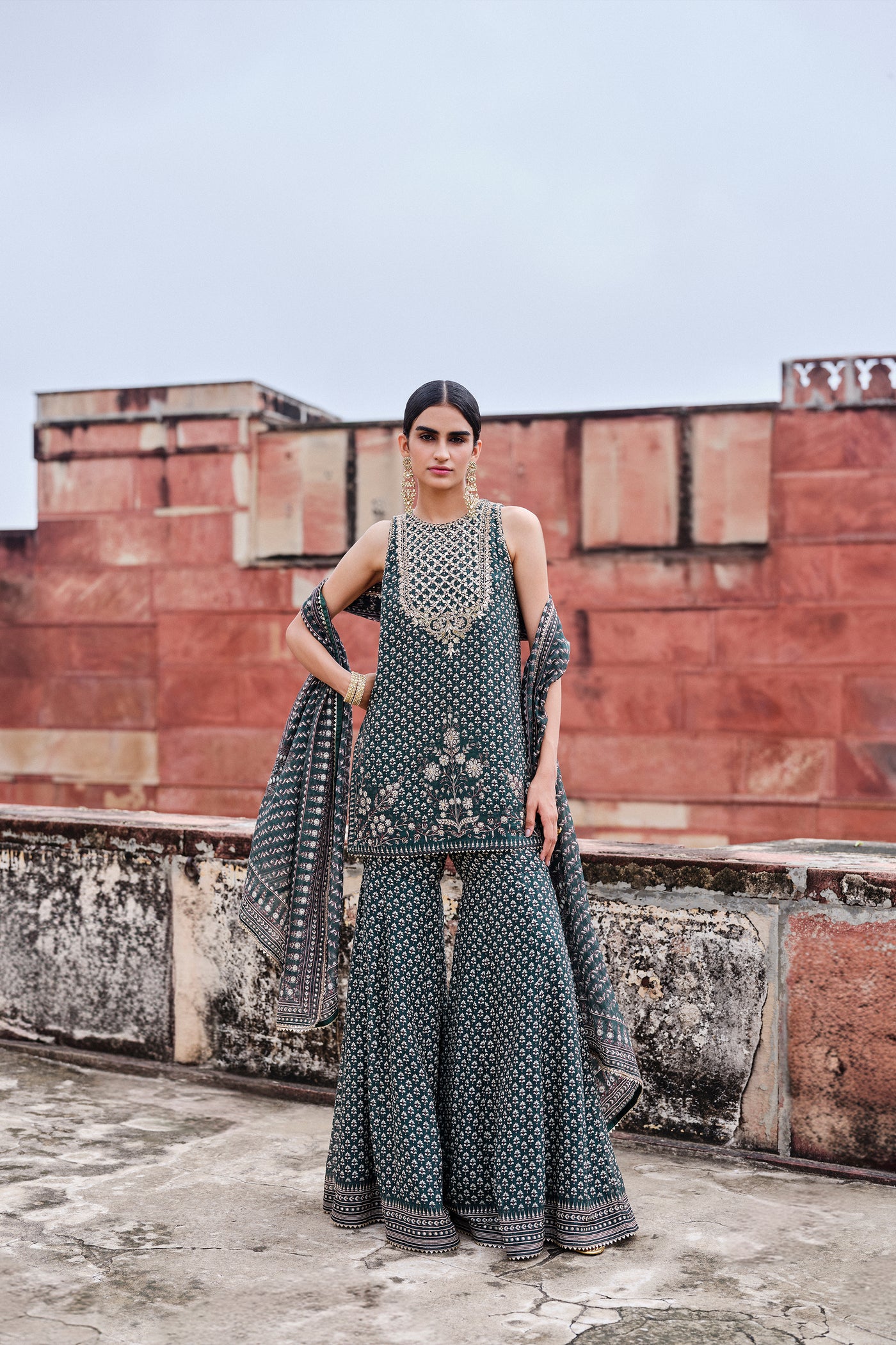 Anita Dongre Abjini Gota Patti Mul Gharara Set Green indian designer wear online shopping melange singapore