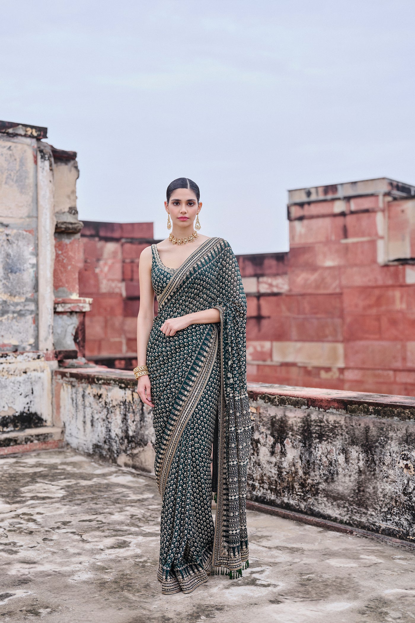 Anita Dongre Abjini Printed Georgette Saree Green indian designer wear online shopping melange singapore
