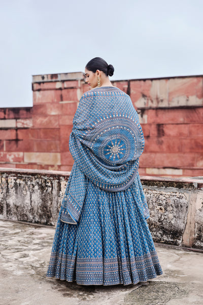 Anita Dongre Abjini Printed Mul Lehenga Set Blue indian designer wear online shopping melange singapore