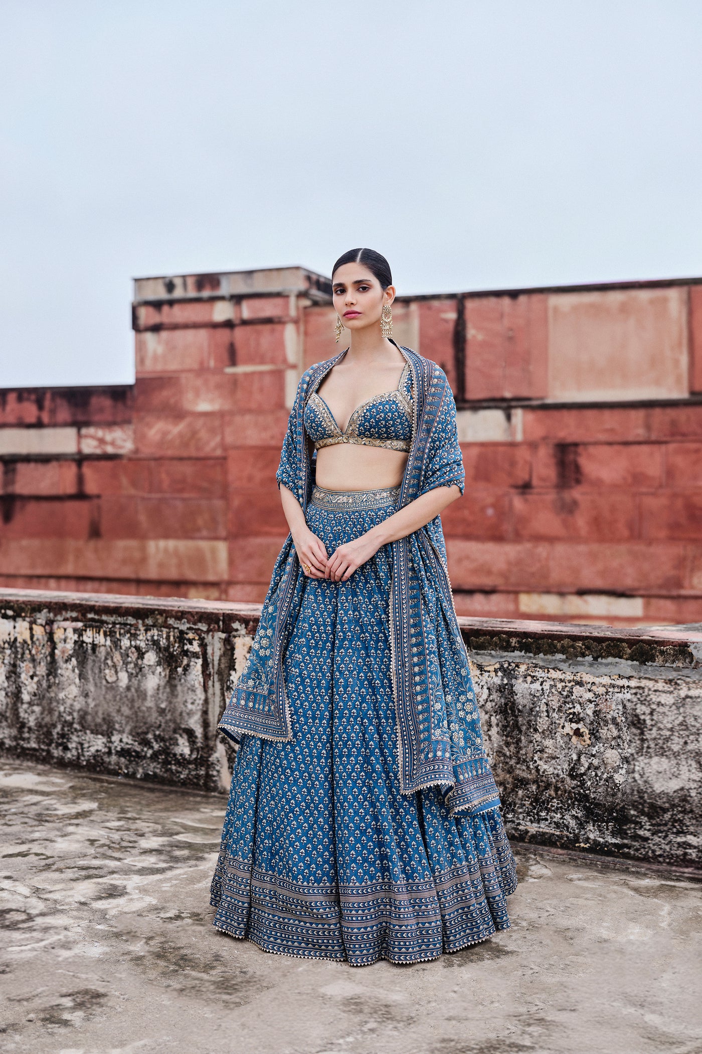 Anita Dongre Abjini Printed Mul Lehenga Set Blue indian designer wear online shopping melange singapore