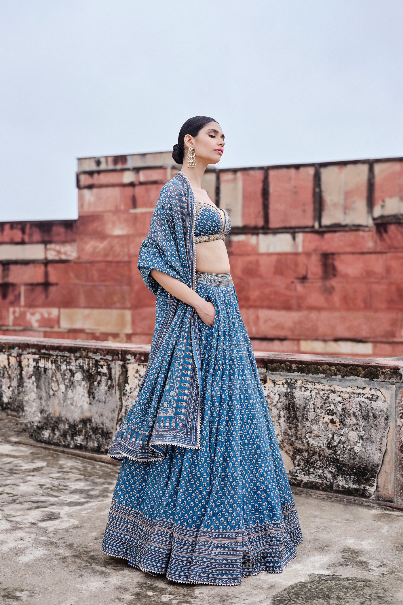 Anita Dongre Abjini Printed Mul Lehenga Set Blue indian designer wear online shopping melange singapore