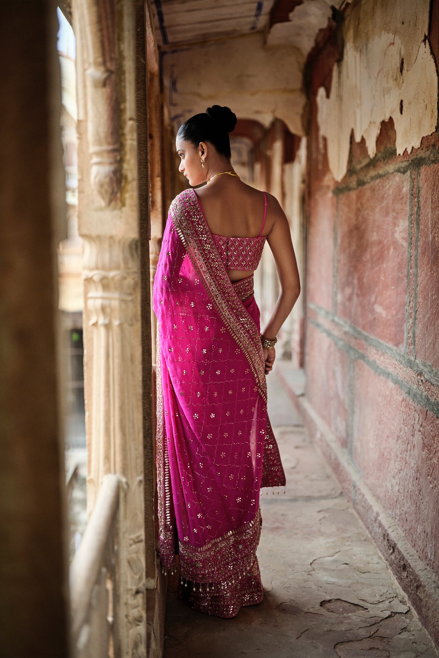 Anita Dongre Anushna Handcrafted Badla Georgette Saree Hot Pink indian designer wear online shopping melange singapore