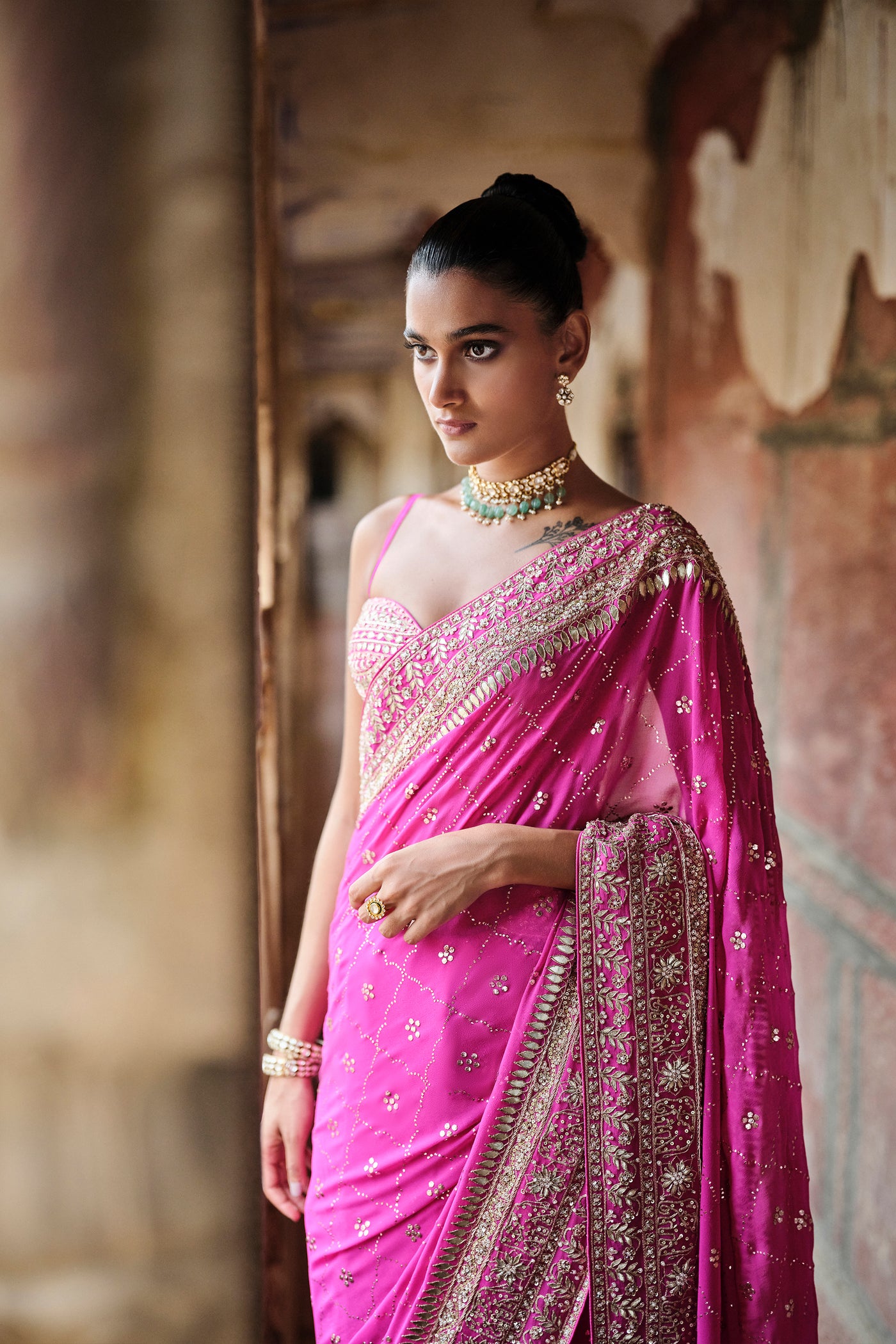 Anita Dongre Anushna Handcrafted Badla Georgette Saree Hot Pink indian designer wear online shopping melange singapore