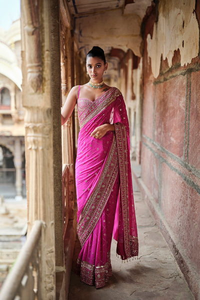 Anita Dongre Anushna Handcrafted Badla Georgette Saree Hot Pink indian designer wear online shopping melange singapore