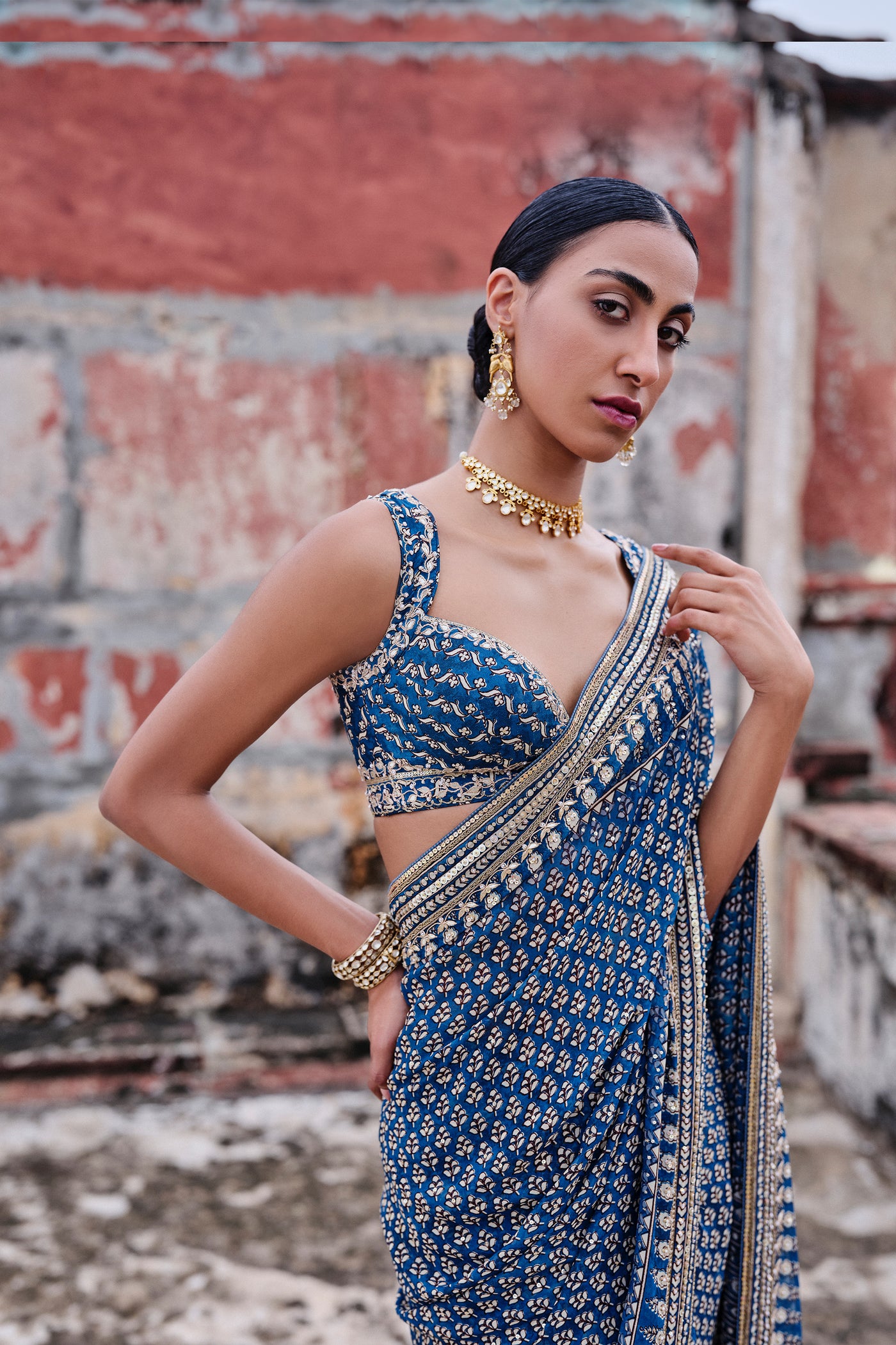 Anita Dongre Arvia Printed Georgette Saree Blue indian designer wear online shopping melange singapore