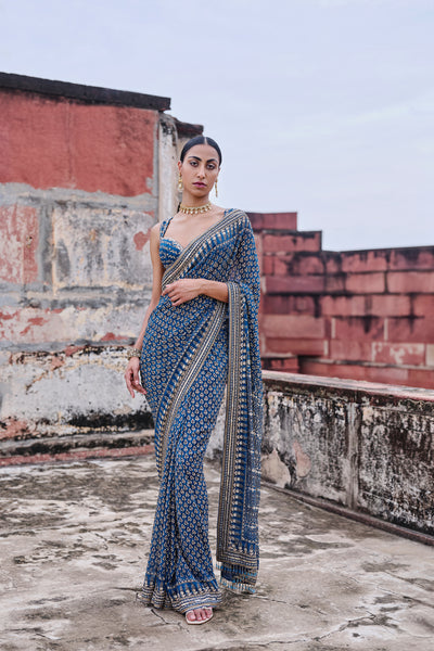 Anita Dongre Arvia Printed Georgette Saree Blue indian designer wear online shopping melange singapore