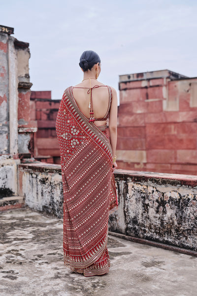 Anita Dongre Arvia Printed Georgette Saree Red indian designer wear online shopping melange singapore
