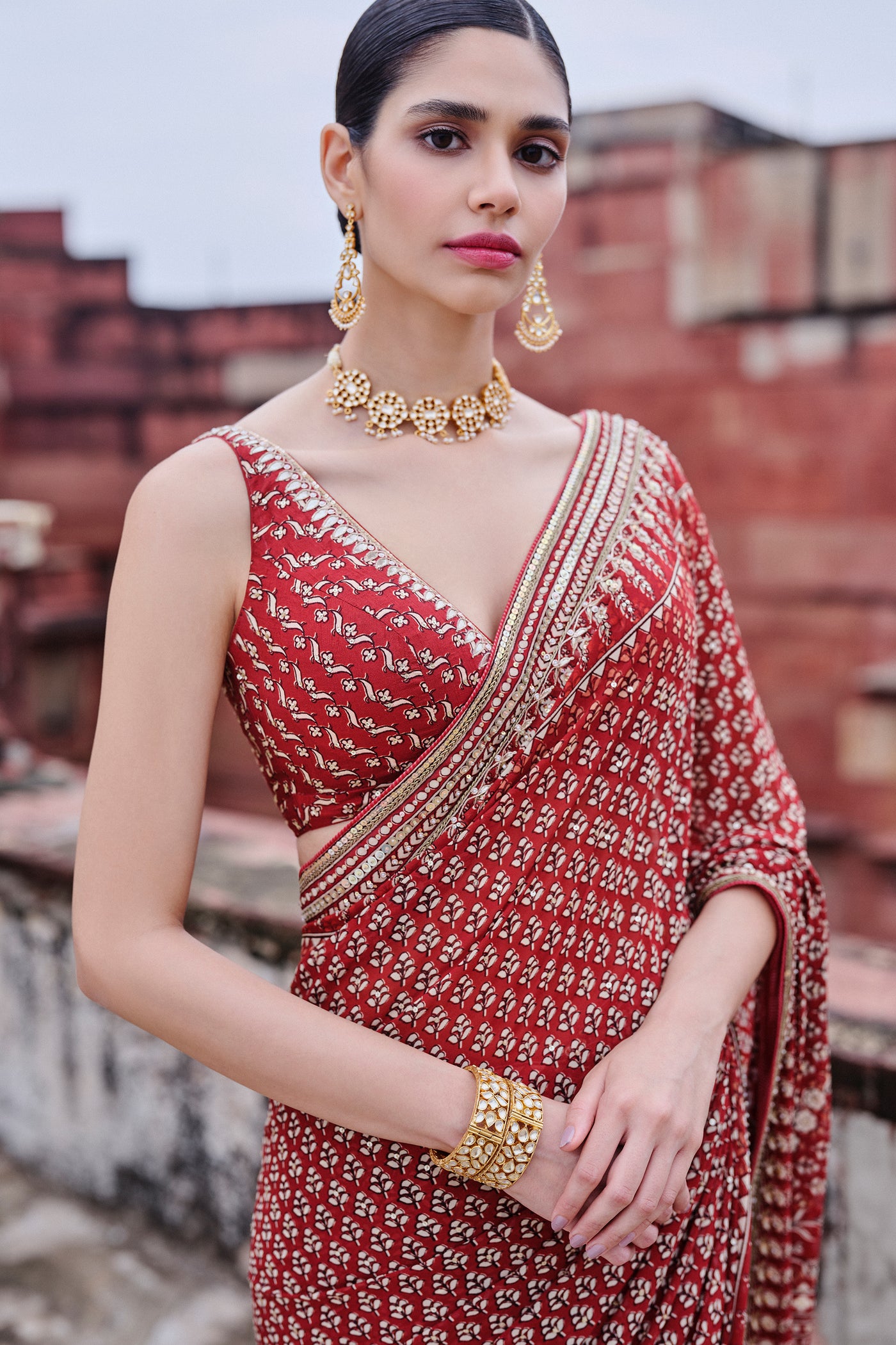 Anita Dongre Arvia Printed Georgette Saree Red indian designer wear online shopping melange singapore
