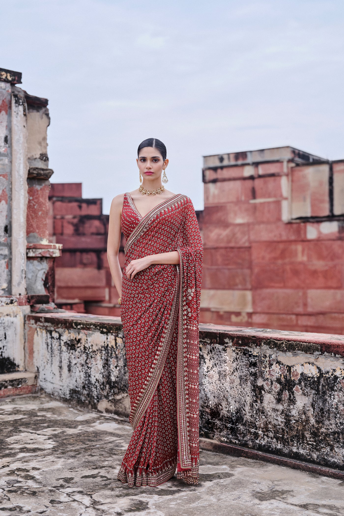 Anita Dongre Arvia Printed Georgette Saree Red indian designer wear online shopping melange singapore
