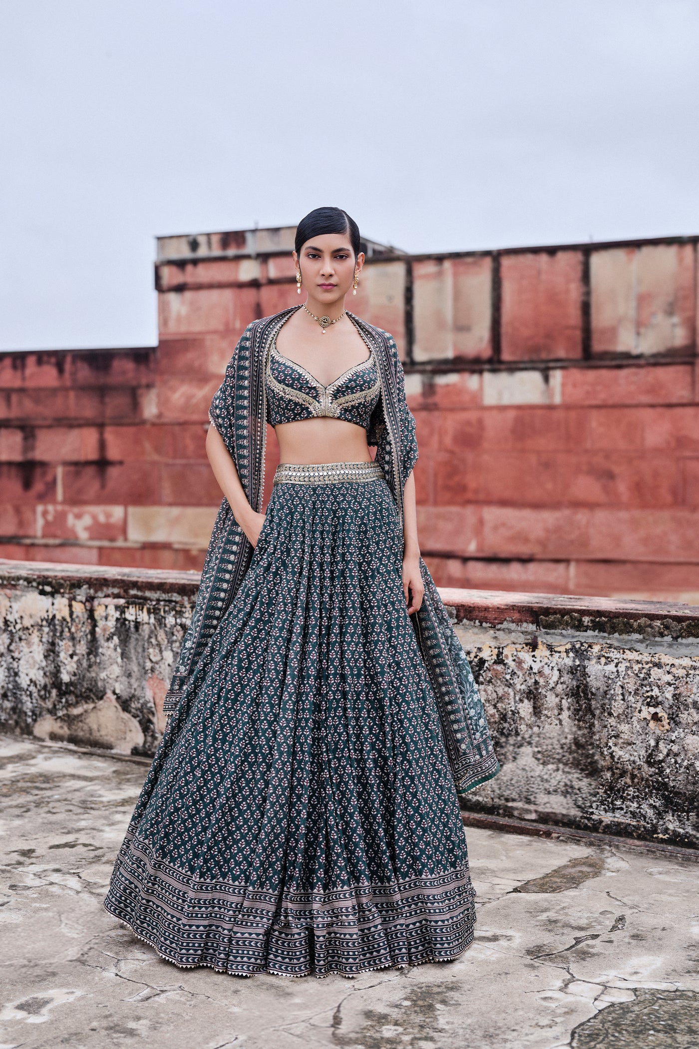 Anita Dongre Arvia Printed Mul Lehenga Set Green indian designer wear online shopping melange singapore