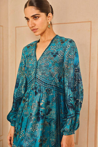 Anita Dongre Avis Printed Silk Dress Blue indian designer wear online shopping melange singapore