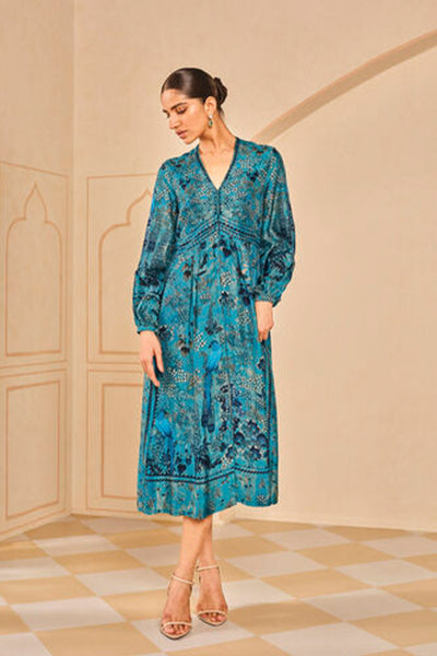 Anita Dongre Avis Printed Silk Dress Blue indian designer wear online shopping melange singapore