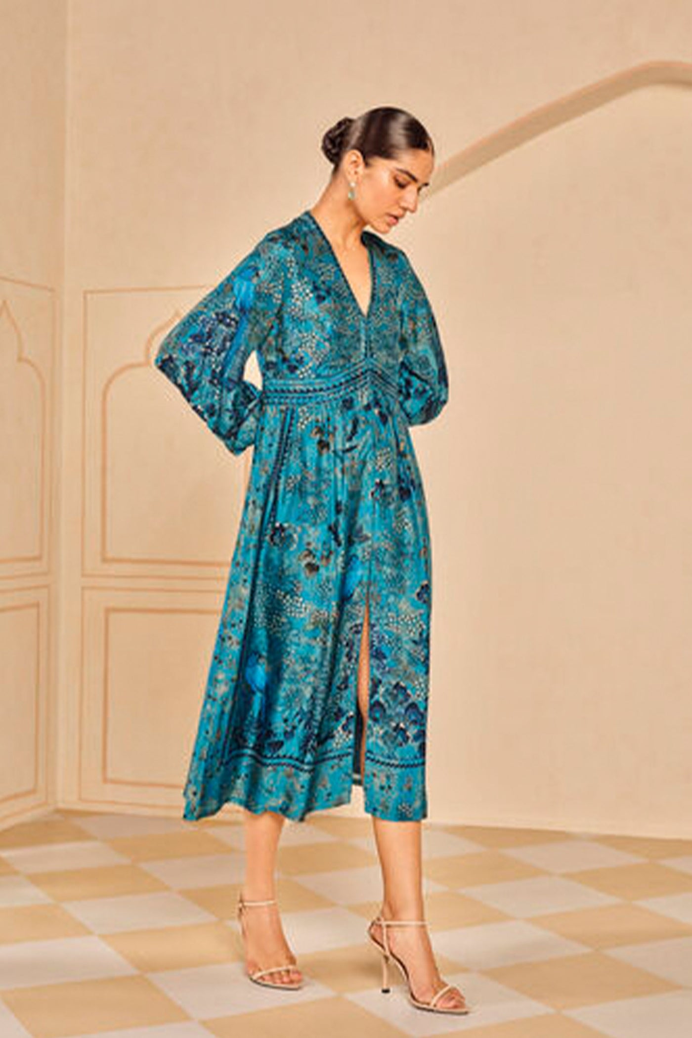 Anita Dongre Avis Printed Silk Dress Blue indian designer wear online shopping melange singapore