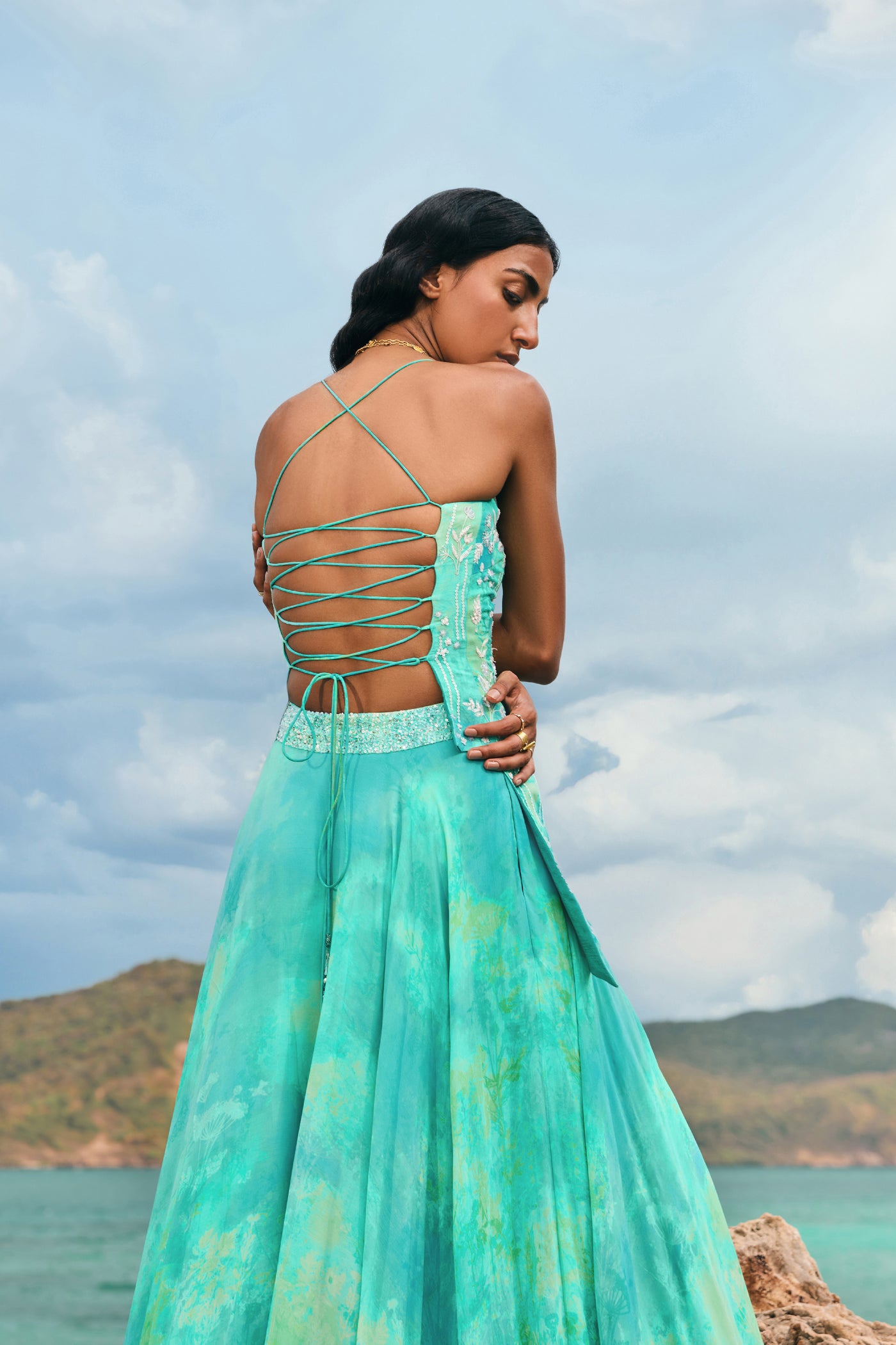 Anita Dongre Cadenza Asymmetrical Skirt Set Aqua indian designer wear online shopping melange singapore