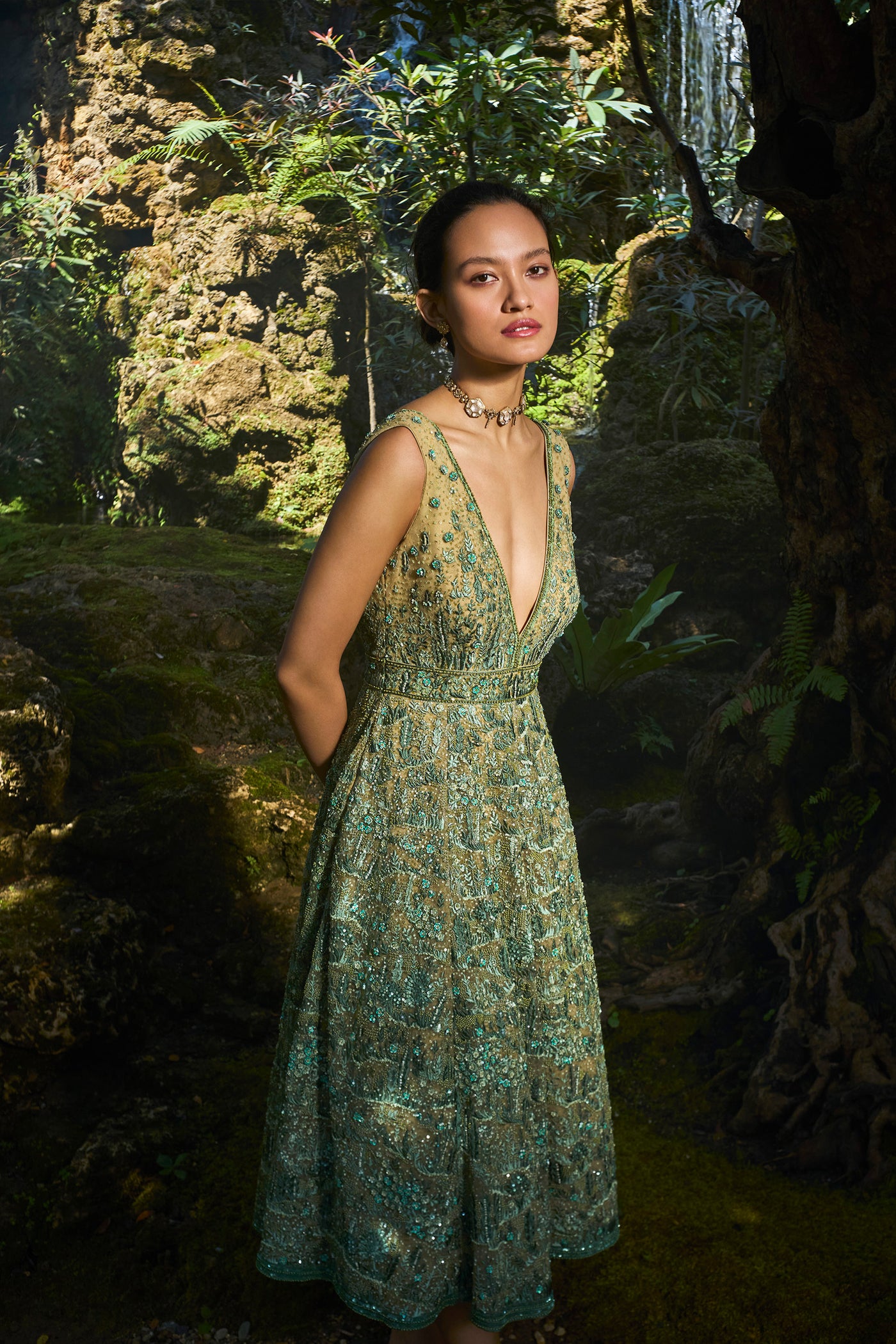 Anita Dongre Grassland Embroidered Dress Green indian designer wear online shopping melange singapore
