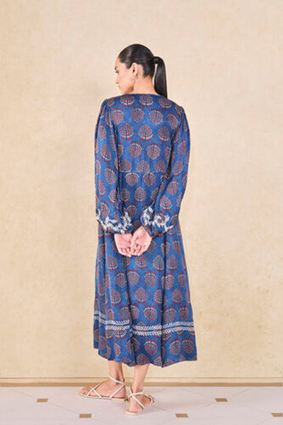 Anita Dongre Grassroot Aze Handcrafted Ajrakh A-Line Dress Blue indian designer wear online shopping melange singapore