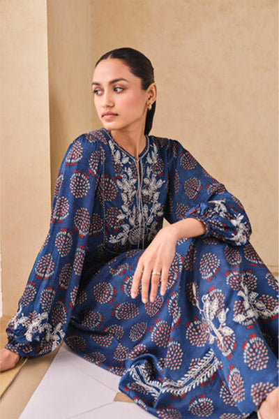 Anita Dongre Grassroot Aze Handcrafted Ajrakh A-Line Dress Blue indian designer wear online shopping melange singapore