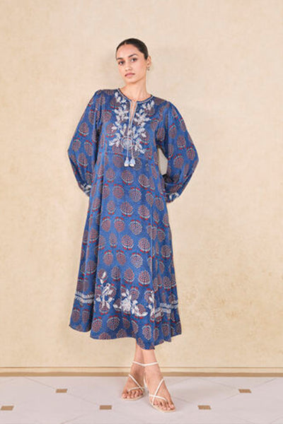 Anita Dongre Grassroot Aze Handcrafted Ajrakh A-Line Dress Blue indian designer wear online shopping melange singapore