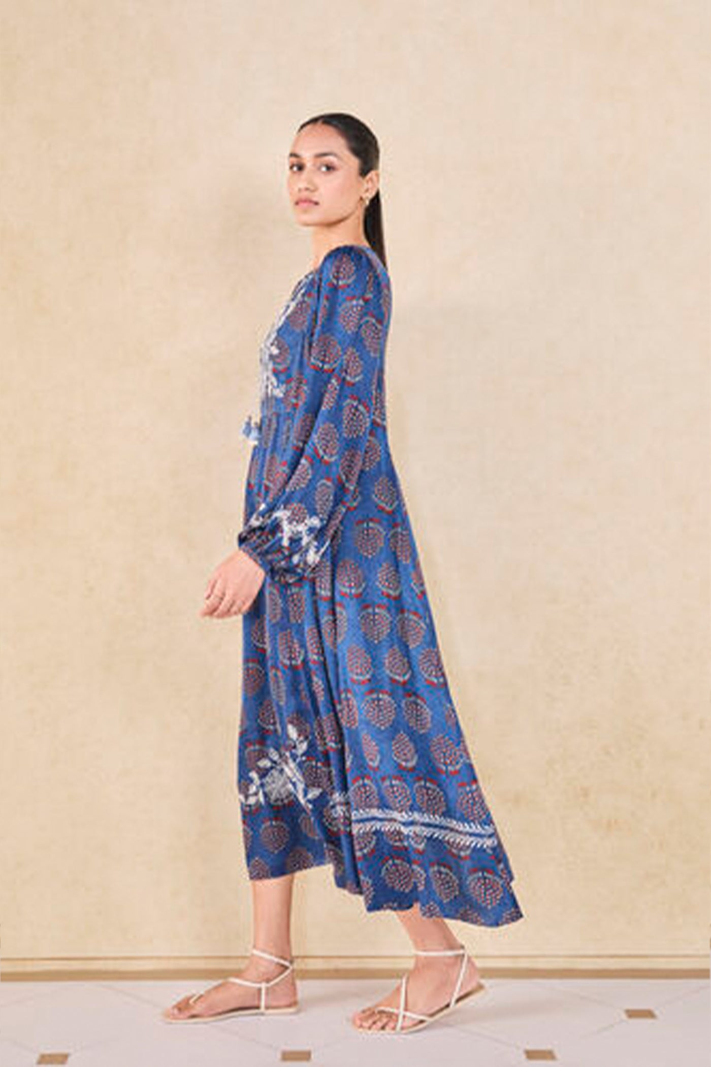 Anita Dongre Grassroot Aze Handcrafted Ajrakh A-Line Dress Blue indian designer wear online shopping melange singapore