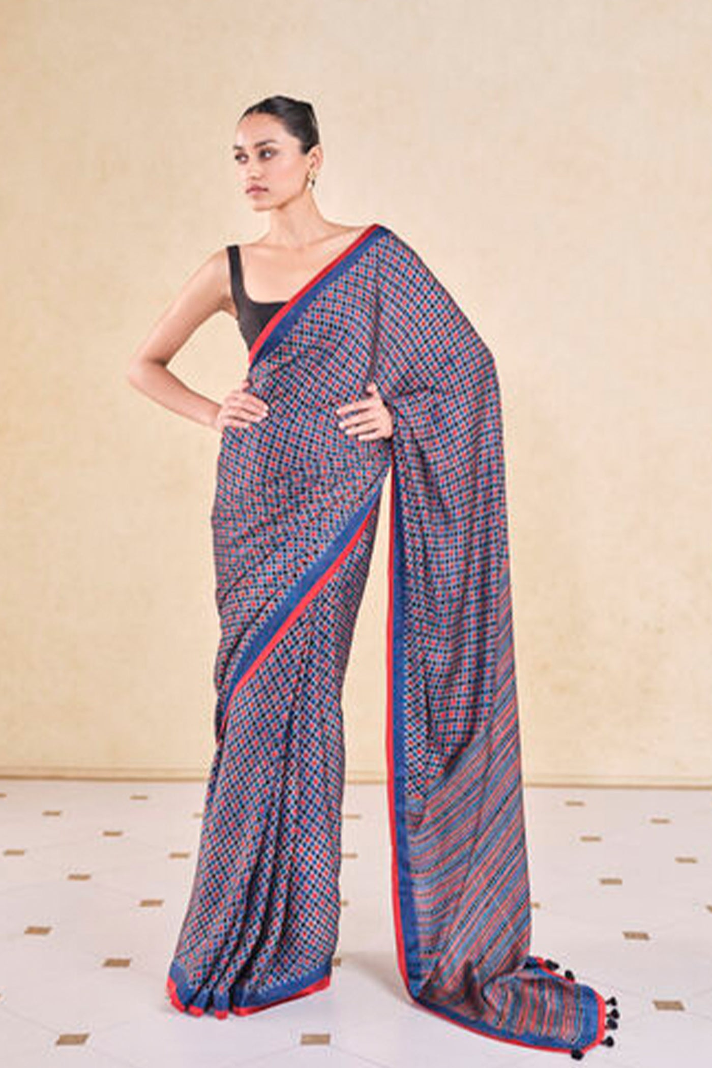 Anita Dongre Grassroot Briscoe Handcrafted Ajrakh Saree Indigo indian designer wear online shopping melange singapore