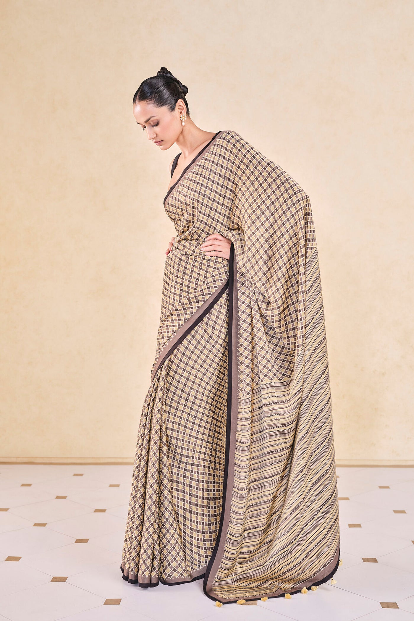 Anita Dongre Grassroot Briscoe Handcrafted Ajrakh Saree Mustard indian designer wear online shopping melange singapore
