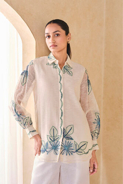 Anita Dongre Grassroot Ebonique Hand Embroidered Sewa Mul Top Ivory indian designer wear online shopping melange singapore