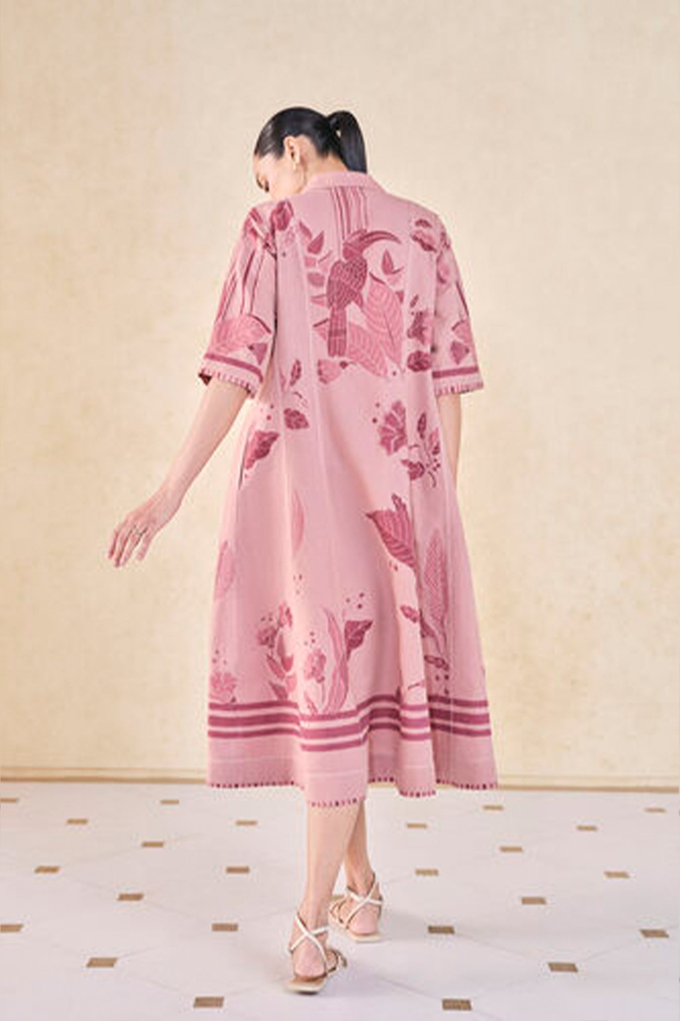 Anita Dongre Grassroot Fig Hand-embroidered Kantha Linen Dress Pink indian designer wear online shopping melange singapore